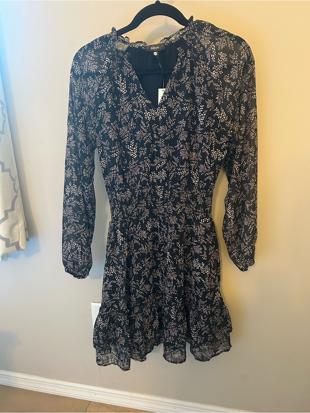 Aqua Black Floral Long Sleeve Tiered Ruffle Dress